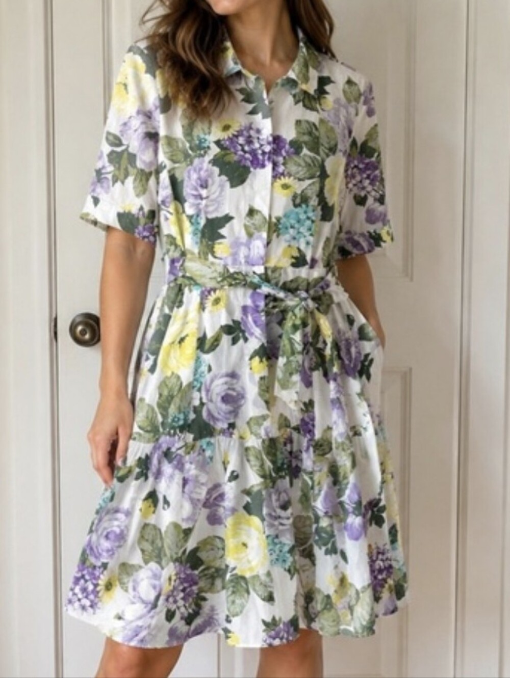 Calvin Klein 100%Cotton White Floral Midi Dress with Purple & Yellow Blooms sz14